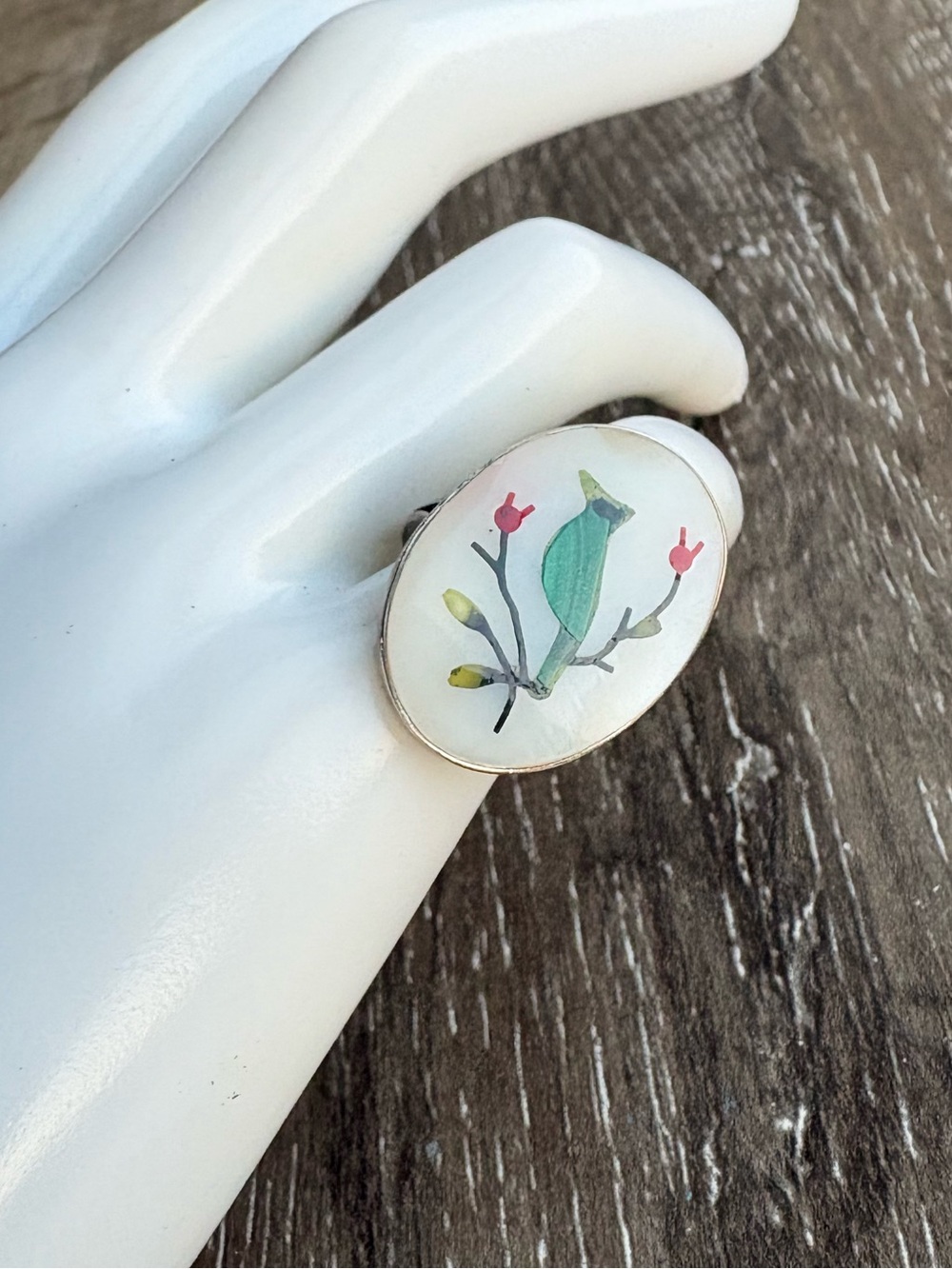 Vintage Inlay Bird and Flower Design Ring - Size 5